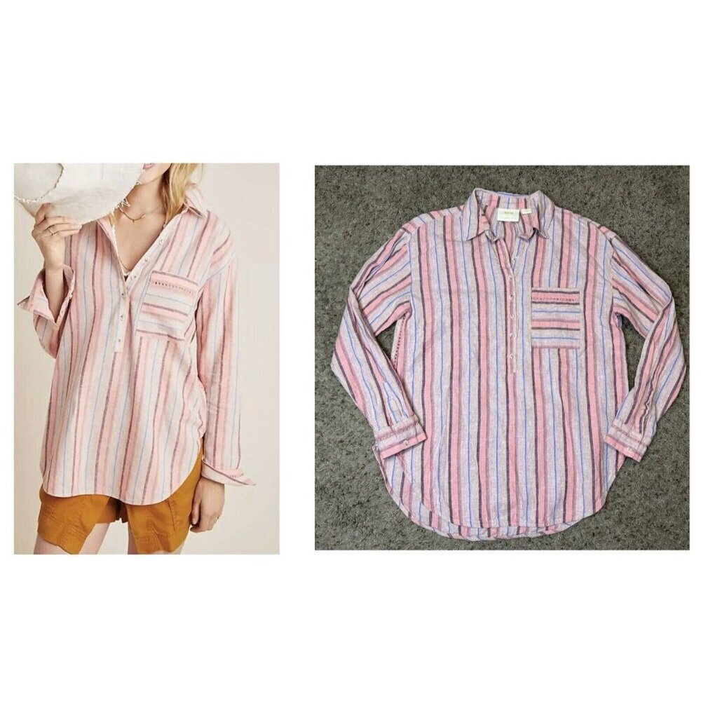 Anthropologie MAEVE Pink Linen/Cotton LIDA STRIPED BUTTONDOWN Top Blouse SMALL